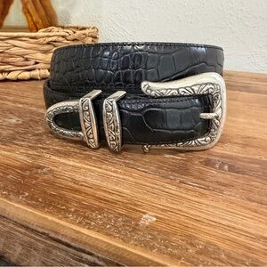 Brighton Black Croc-Embossed Leather Belt with Silver Buckle